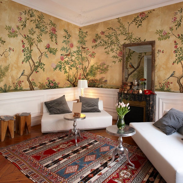 Vintage Chinoiserie Wallpaper Panoramic Peel and Stick Wallpaper, Chinese Birds and Trees Wall Mural, Oriental Wallpaper, Chinoiserie Mural