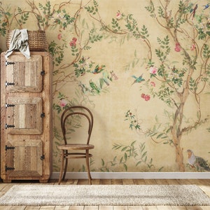 Chinoiserie Wallpaper Peel and Stick, Japanese Crane Wallpaper Mural, Yellow Peony Wallpaper Vintage, Floral Wallpaper with Birds, Mural