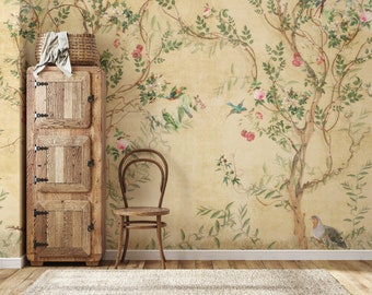 Chinoiserie Wallpaper Peel and Stick, Japanese Crane Wallpaper Mural, Yellow Peony Wallpaper Vintage, Floral Wallpaper with Birds, Mural