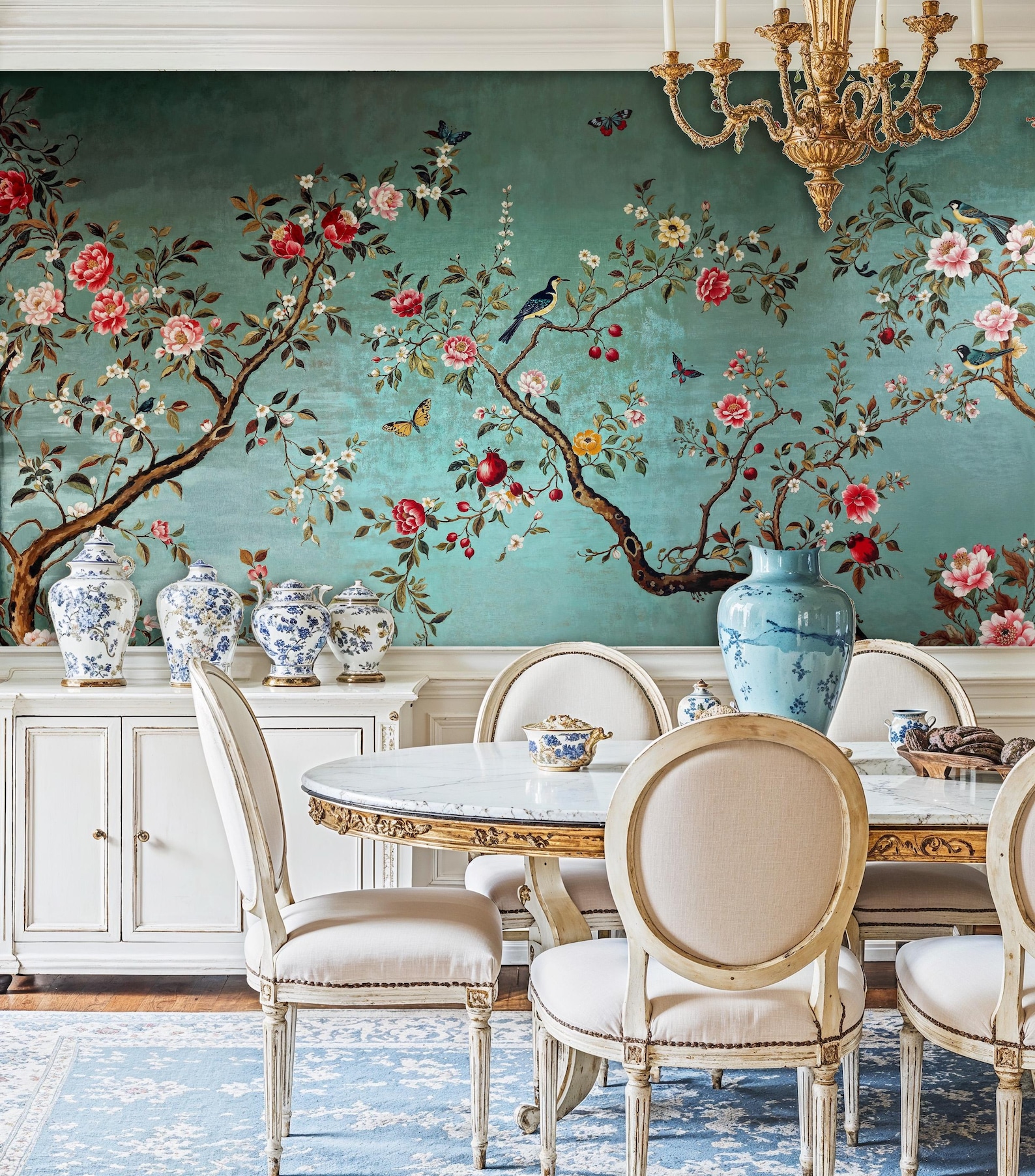 Blue Chinoiserie Peel and Stick Wallpaper: Birds & Blossoms Mural - Etsy