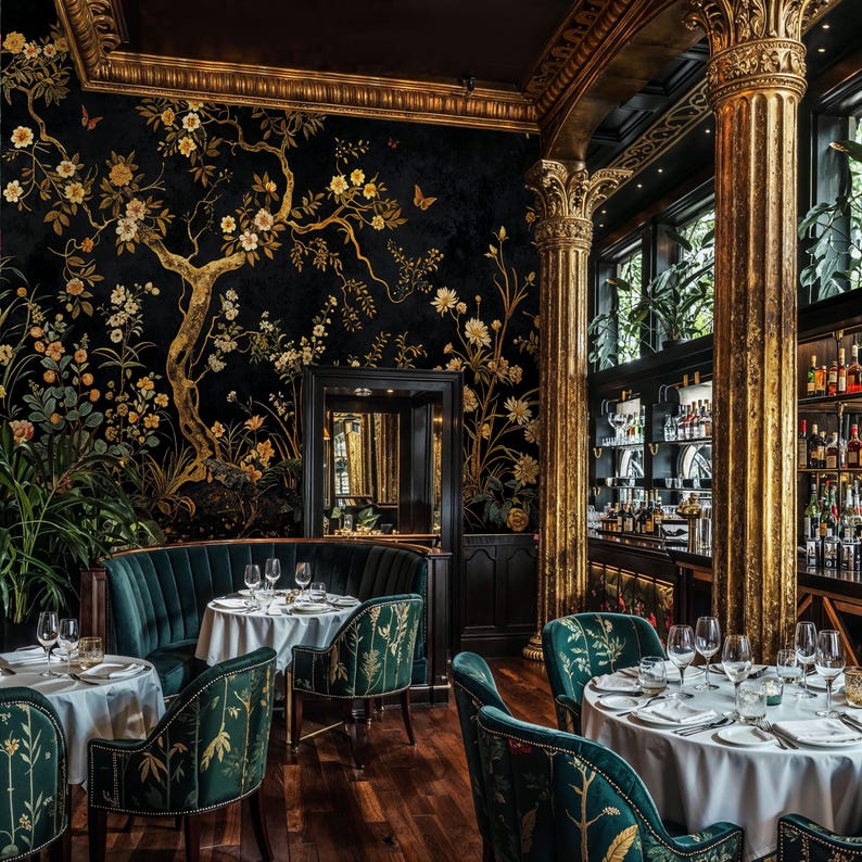 Black and Gold Chinoiserie Wallpaper Mural, Vintage Chinoiserie Peel