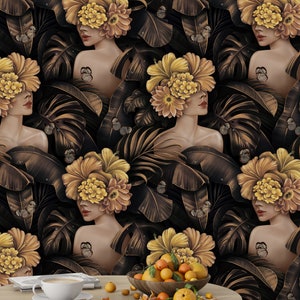 3d Wallpaper, Black and Gold Wallpaper, Dark Wallpaper, Banana Leaf Wallpaper Removable, Tropical Wallpaper, Gold Wallpaper, Peony Wallpaper