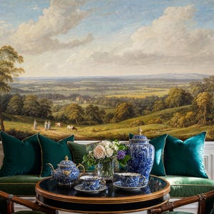 English Countryside Landscape Wall Mural: Vintage Pastoral Wallpaper, Peel and Stick or Non-Woven