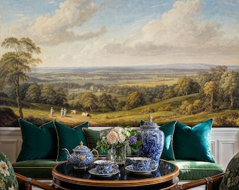 English Countryside Landscape Wall Mural: Vintage Pastoral Wallpaper, Peel and Stick or Non-Woven