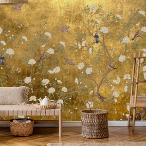 Vintage Chinoiserie Peel and Stick Wallpaper with Birds, Gold Vintage Chinoiserie Botanical Wallpaper Mural, Wallpaper With Birds and Flower image 1