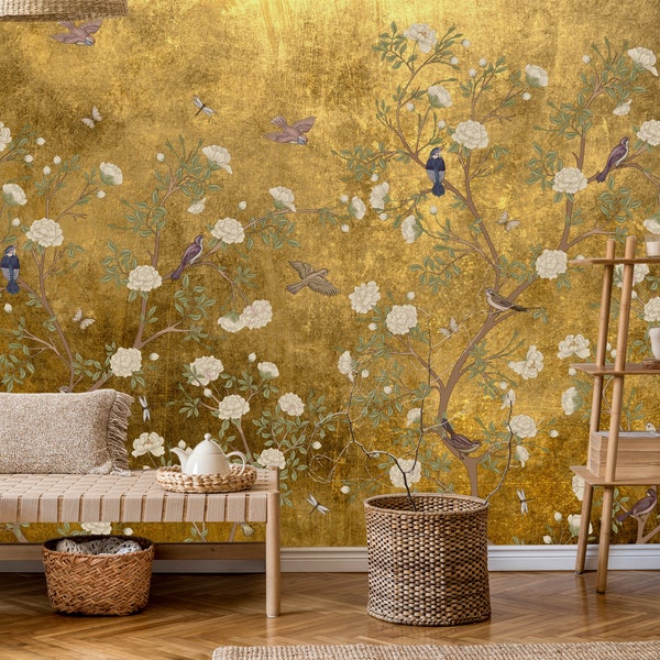 Vintage Chinoiserie Peel and Stick Wallpaper with Birds, Gold Vintage Chinoiserie Botanical Wallpaper Mural, Wallpaper With Birds and Flower