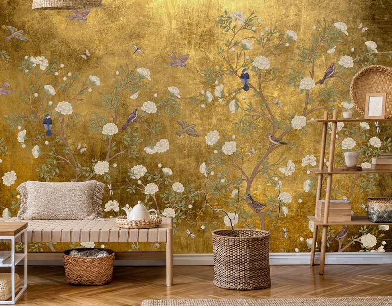 Vintage Chinoiserie Peel and Stick Wallpaper with Birds, Gold Vintage Chinoiserie Botanical Wallpaper Mural, Wallpaper With Birds and Flower image 1