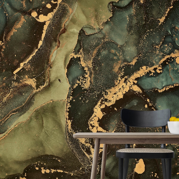 Dark Green Wallpaper, Gold Marble Wallpaper, Malachite Wallpaper, Abstract Wallpaper, Peel and Stick, Wallpaper Mural, Marble Mural