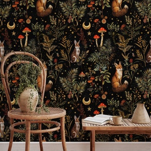 Dark Mushroom Wallpaper Peel and Stick, Dark Botanical Wallpaper Secret Garden at Night, Whimsical Botanical Wallpaper Mural Self Sticking