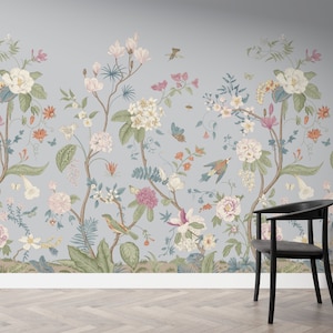 Chinoiserie Wallpaper Peel and Stick, Cherry Blossom Wall Mural, Japanese Crane Wallpaper Mural, Vintage Flower Wallpaper, Pastel Wallpaper