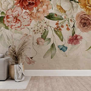Watercolor Floral Wallpaper, Wallpaper Mural Landscape, Peony Wallpaper, Large Wall Flower Mural, Vintage Wallpaper, Floral Wallpaper