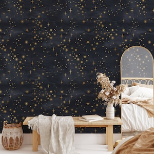 Starry Night Peel and Stick Wallpaper, Navy Blue Wallpaper for Bedroom, Art Deco Wallpaper Blue and Gold, Night Sky Ceiling Wallpaper