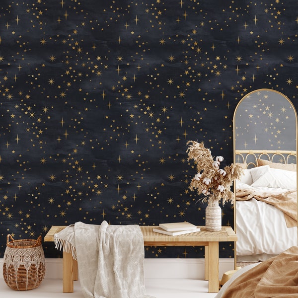 Starry Night Peel and Stick Wallpaper, Navy Blue Wallpaper for Bedroom, Art Deco Wallpaper Blue and Gold, Night Sky Ceiling Wallpaper