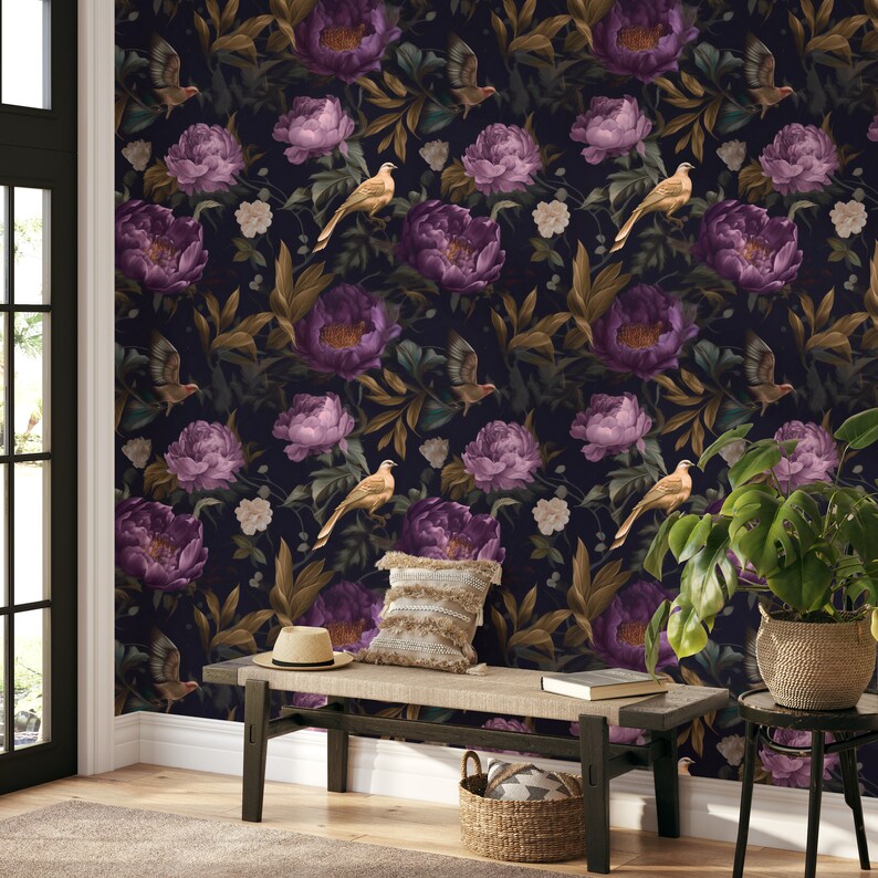Dark Floral Peony Wallpaper: Vintage Botanical Secret Garden Peel and ...