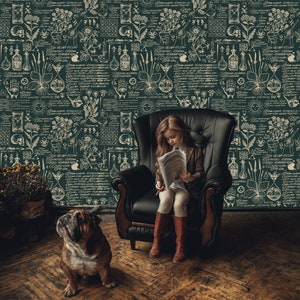 Dark Green Wallpaper, Green and Beige Medicine and Herbal Theme Wallpaper, Retro Mural, Abstract Wallpaper, Peel and Stick Wallpaper