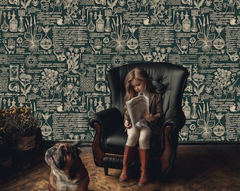 Dark Green Herbal Medicine Wallpaper: Retro Botanical Mural, Peel and Stick
