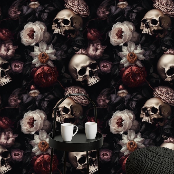 Dark Floral With Skull Wallpaper, Dark Floral Wallpaper Peel and Stick Peony Wallpaper Gothic Flower Wall Mural, Peony Floral Wallpaper