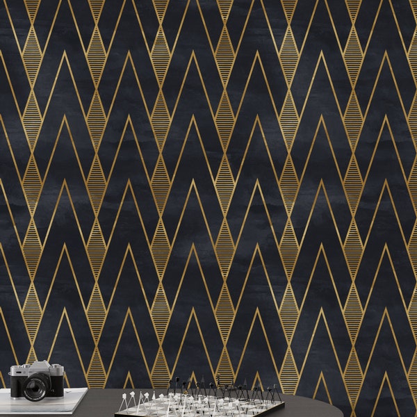 Black and Gold Wallpaper, Geometric Wallpaper, Dark Peel and Stick Wallpaper, Gold Wallpaper, Wallpaper Mural, Art Deco Wallpaper