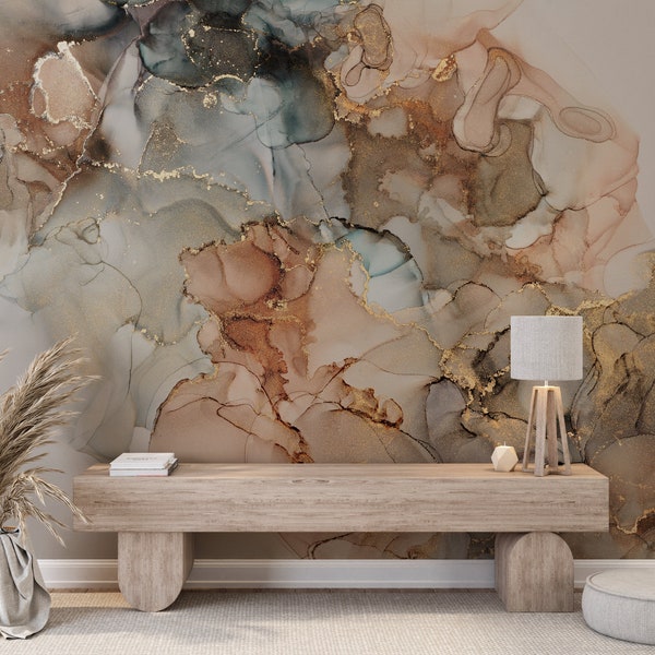 Luxury Abstract Marble Peel and Stick Wallpaper: Golden Swirls