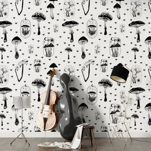 Black and White Wallpaper, Mushroom Wallpaper, Sun and Moon Wallpaper, Wall Mural Wallpaper, Peel and Stick Wallpaper Mushroom