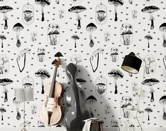 Mushroom Wallpaper: Black and White Sun & Moon, Peel and Stick