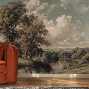Scenic Rural Landscape Wallpaper: Vintage Painting, Peel and Stick