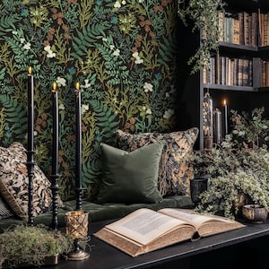 Fern Botanical Peel and Stick Wallpaper, Dark Green Foliage Wallpaper, Moody Botanical Bathroom, Maximalist Forest Meadow Leaf Wallpaper