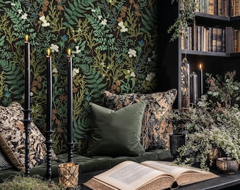 Fern Botanical Peel and Stick Wallpaper, Dark Green Foliage Wallpaper, Moody Botanical Bathroom, Maximalist Forest Meadow Leaf Wallpaper