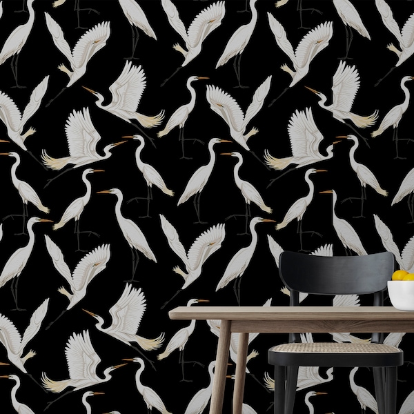 Chinoiserie Peel and Stick Wallpaper, Japanese Wallpaper, Dark Wallpaper, Heron Wallpaper, Mural Wallpaper