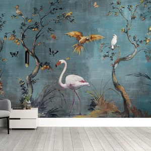 Chinoiserie Birds and Flowers Wallpaper: Vintage Asian Wall Mural, Peel and Stick