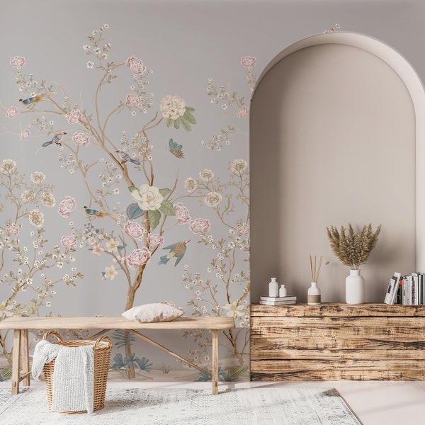 Peacock Wallpaper Chinoiserie Wall Mural Chinese Birds and Trees Wall Mural, Chinoiserie Wallpaper Peel and Stick, Wallpaper Vintage,