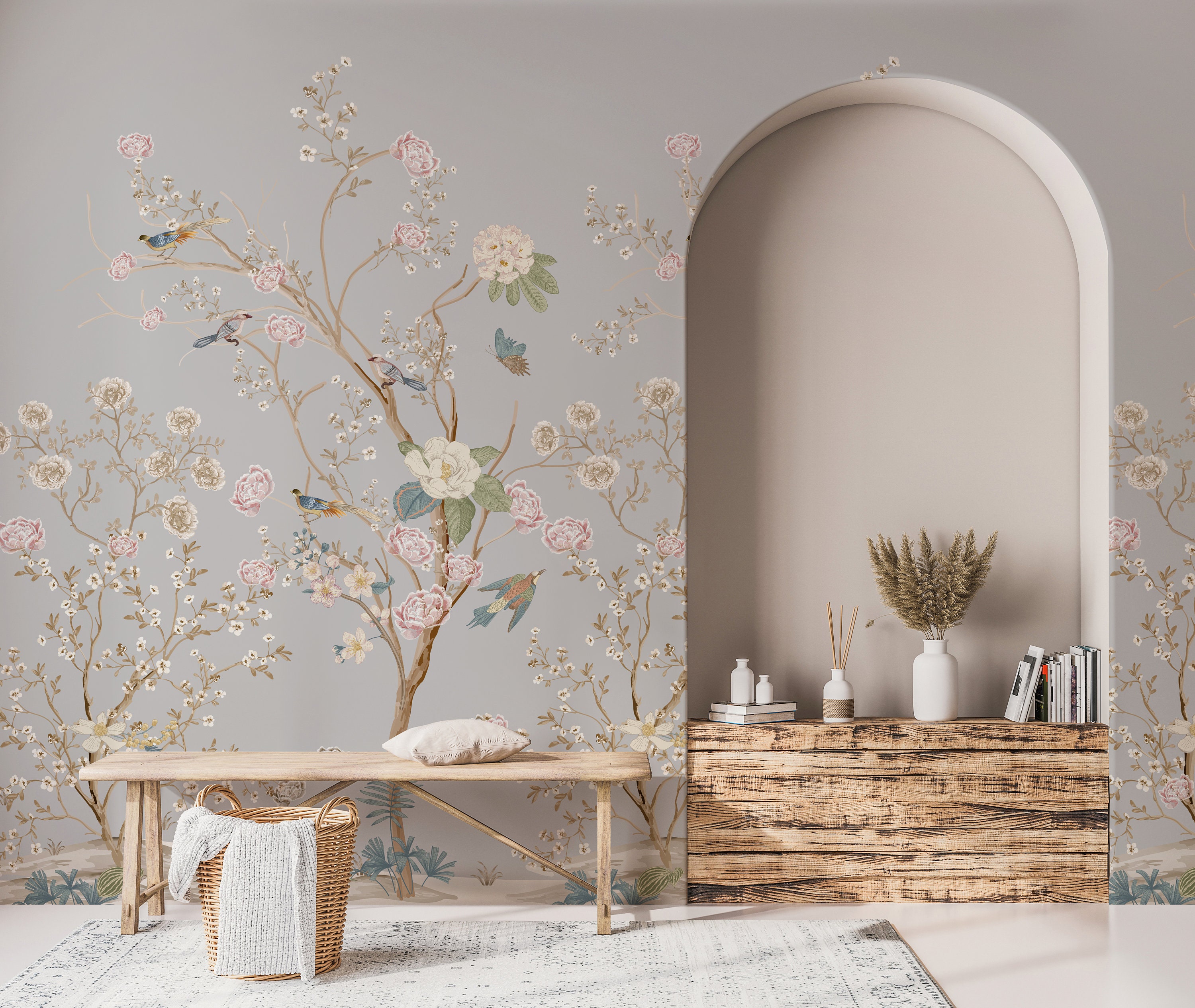 Watercolor Bamboo Wallpaper Tropical Tree With Paradise Birds Wall Mural  Chinese Tree With Colorful Bird Peel and Stick 