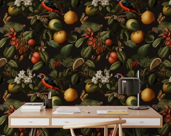 Vintage Parrot Wallpaper: Dark Botanical Floral Wall Print