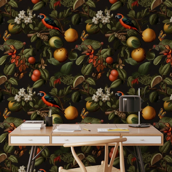 Vintage Botanical Wallpaper with Bird, Fruits and Tropical Flowers Wallpaper, Tropical Wallpaper, Dark floral Wall Print, Dark Forest Mural