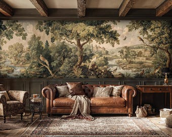 Vintage Verdure Tapestry Wallpaper Mural: Pastoral Woodland Scene