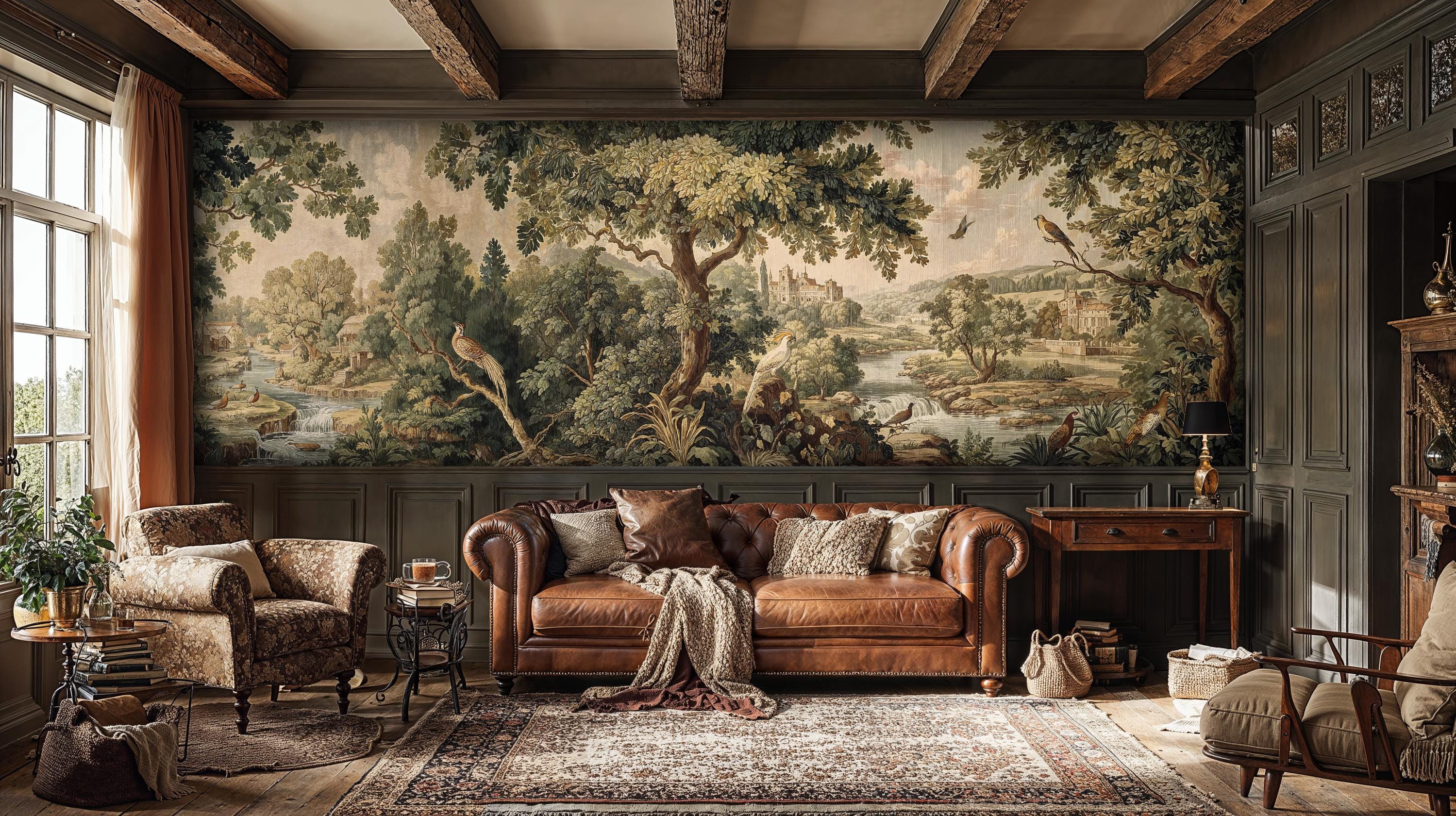 Vintage Verdure Tapestry Wallpaper Mural: Pastoral Woodland Scene