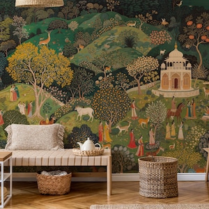 Lush Jaipur Garden Landscape Wallpaper, Vibrant Green Peel and Stick Wallpaper, Indian Mural, Highly Detailed Wallpaper For a Vintage Look