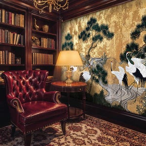 Crane Peel and Stick Wallpaper Panoramic, Gold Vintage Chinoiserie Wallpaper, Chinese Birds Wall Mural,  Crane Bird Chinoiserie Wallpaper