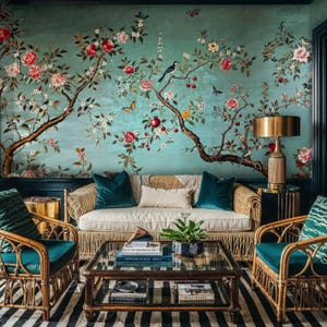Blue Chinoiserie Peel and Stick Wallpaper: Birds & Blossoms Mural