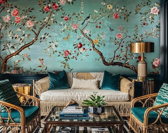 Blue Chinoiserie Peel and Stick Wallpaper: Birds & Blossoms Mural