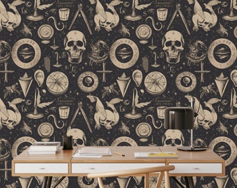 Dark Gothic Wallpaper, Occult Wallpaper, Skull Wallpaper Peel and Stick, Mystical Wallpaper, Gothic Wall Mural, Retro Wallpaper, Boho Mural