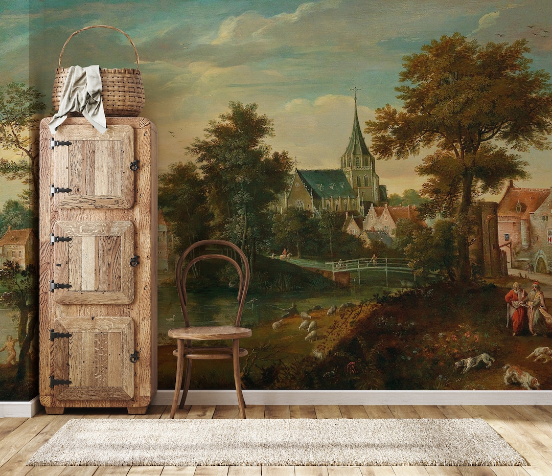 Vintage River View Wallpaper Mural: Historical Landscape Peel and Stick