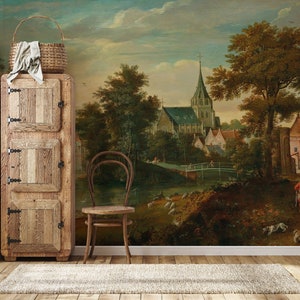 Vintage River View Wallpaper Mural: Historical Landscape Peel and Stick