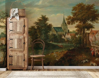 Rural Painting Wallpaper Peel and Stick, Scenic Wall Mural Wallpaper, Vintage Historical Scenic Wall Mural,Landscape Wallpaper,Vintage Mural