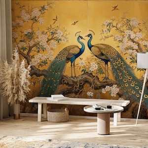 Chinoiserie Wallpaper, Peacock Wall Mural, Wallpaper Vintage, Chinoiserie Wallpaper Peel and Stick, Wallpaper With Birds and Flowers, Mural afbeelding 4