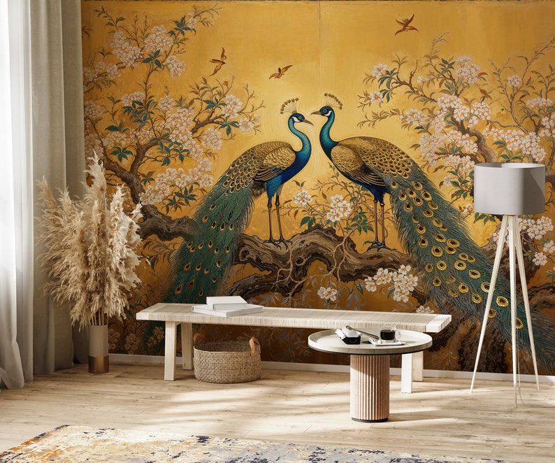 Chinoiserie Wallpaper, Peacock Wall Mural, Wallpaper Vintage, Chinoiserie Wallpaper Peel and Stick, Wallpaper With Birds and Flowers, Mural afbeelding 4