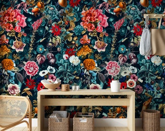 Dark Floral Garden Wallpaper: Scandinavian Peel and Stick Wall Mural