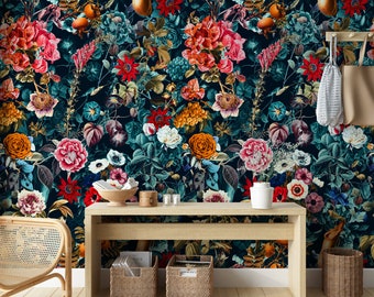 Dark Garden Wallpaper, Floral Wall Mural, Peel and Stick Wall Mural, Scandinavian Wallpaper, Removable Wallpaper Blue, Vintage Wallpaper