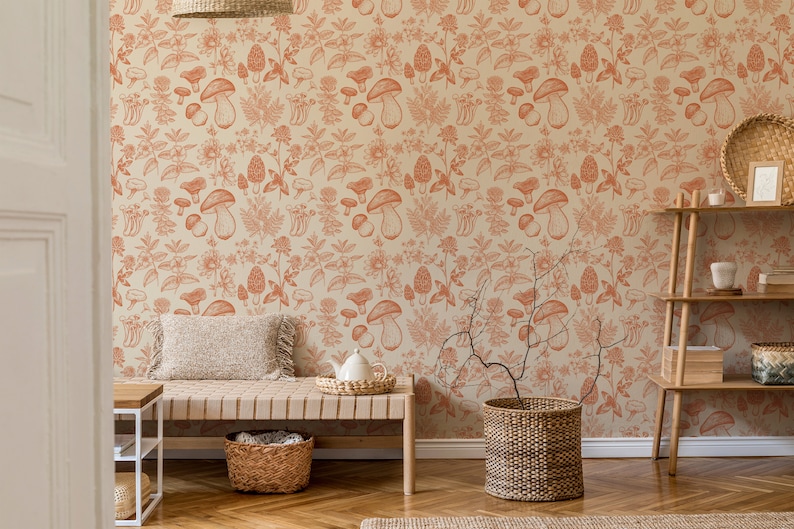 Orange Mushroom Wallpaper: Mid-Century Modern Peel and Stick image 4