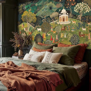 Lush Jaipur Garden Landscape Wallpaper, Vibrant Green Peel and Stick Wallpaper, Indian Mural, Highly Detailed Wallpaper For a Vintage Look